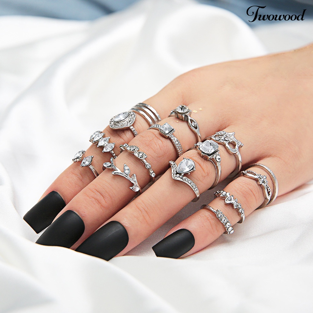 15pcs Cincin Jari Model Hollow Out Warna Silver Untuk Wanita