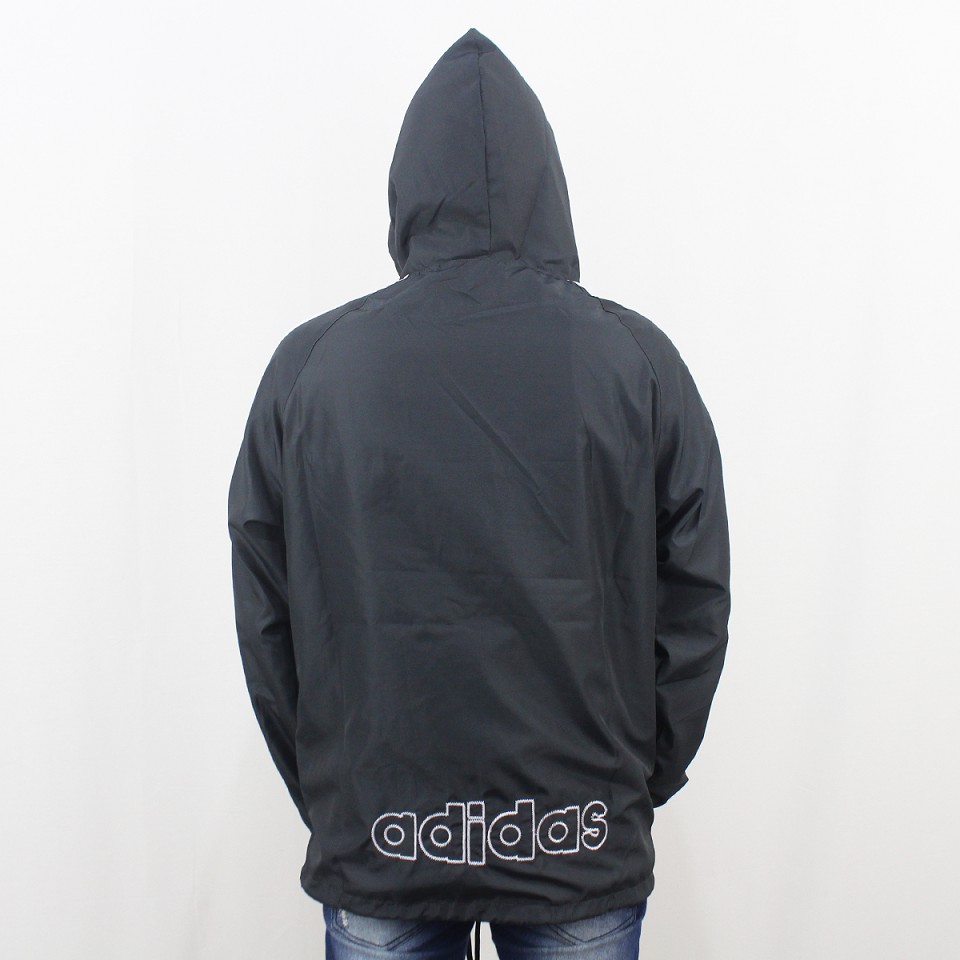 JAKET ADIDAS PARASUT WINDBREAKER HITAM LIST PUTIH  - JAKET PARASUT RUNNING - JAKET OLAH RAGA XL XXL