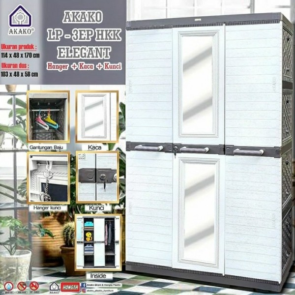 Akako Elegant Lemari Pakaian Plastik 3 Pintu Gantung Cermin akako