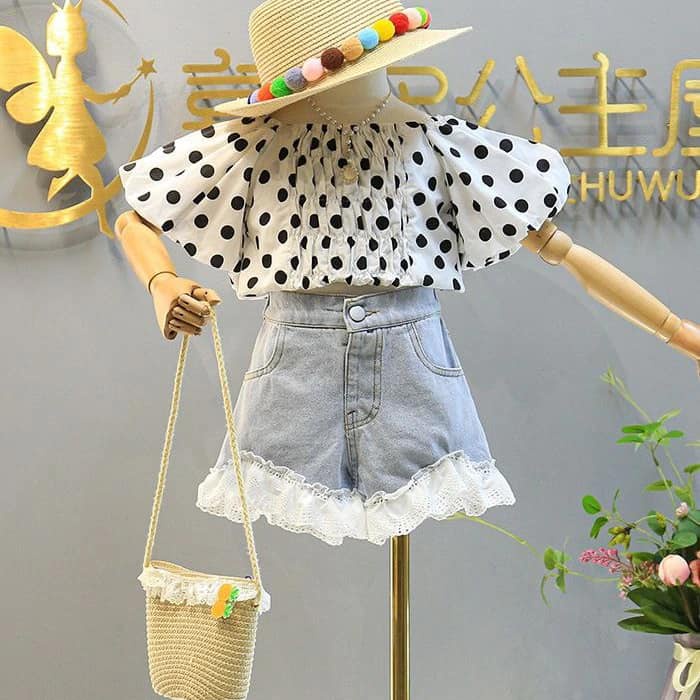 Baju Setelan Polkadot Anak Perempuan Impor Hitam Putih Celana Pendek Jeans / Atasan Sabrina Anak Cew