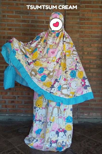 ready stock mukena motif tsumtsum cream,kitty bell,doraemon awantsum,kitty kimono tosca