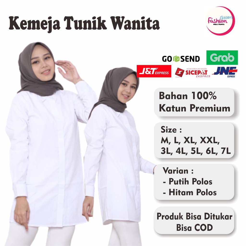 FW Baju Atasan Kemeja Tunik Putih Lengan Panjang Wanita Polos Panjang Nutupi Pantat Big size 7XL 6XL