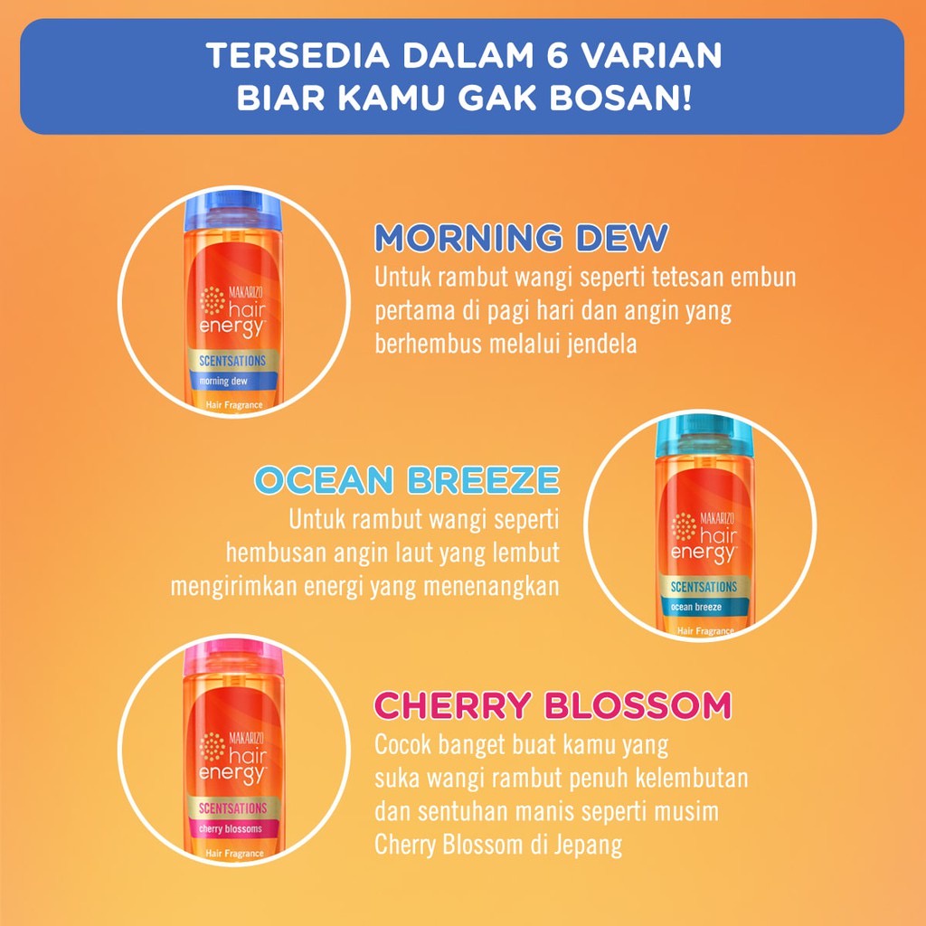 MAKARIZO Hair Energy Scentsations Morning Dew Indonesia / Hair Fragrance 30ml 100ml / ScenTech-F UV Protection Vitamin / Parfum Rambut Parfume Spray Mist Minyak Wangi Pewangi Body Badan / Ocean Breeze Cherry Blossoms White Musk Blue Coast Fresh Bouquet