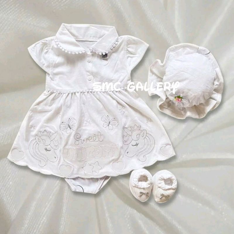 Baju Anak Cewek Merah 0-4 BLN Dress Putih Bayi Perempuan KUDA PONI FLAMINGO FLOWER MAIZAH BARINA