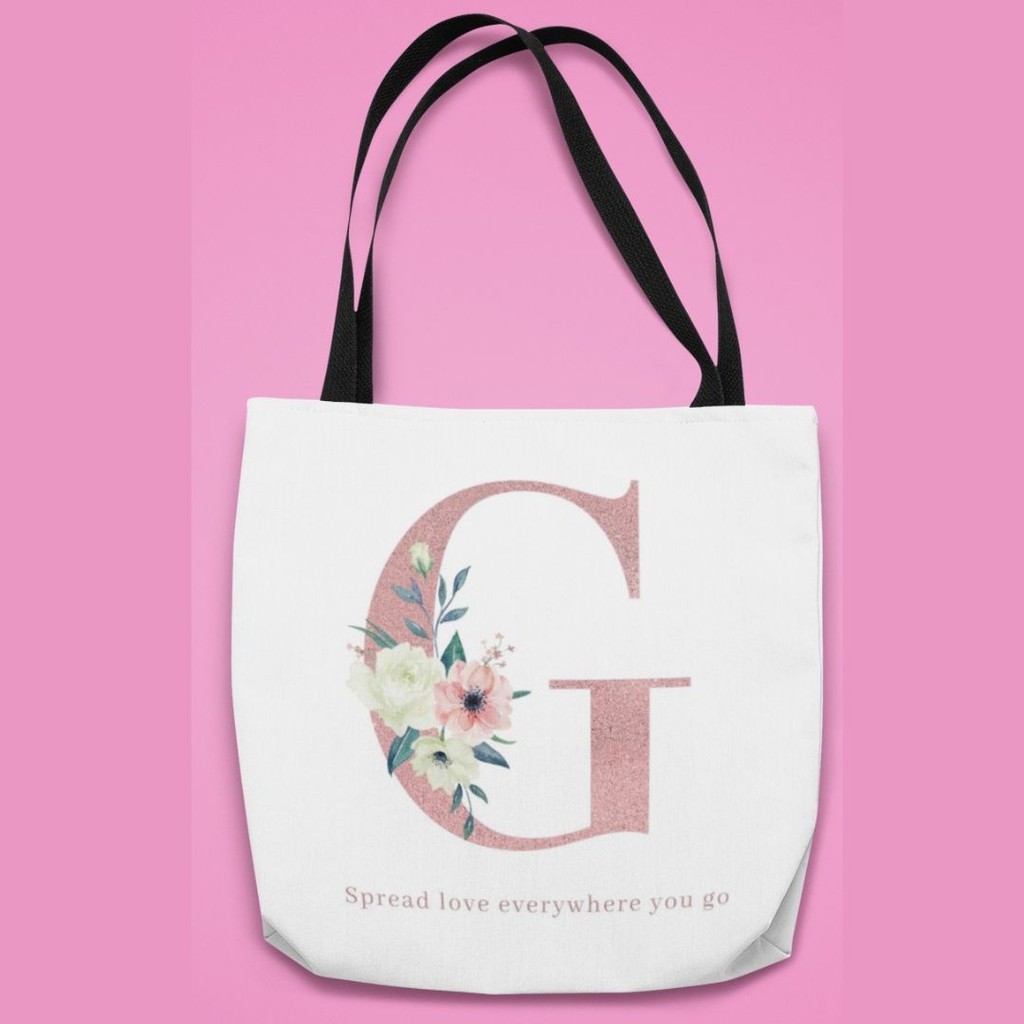 Totebag Tas Selempang Custom Nama Tema Desain Huruf Pink Flower