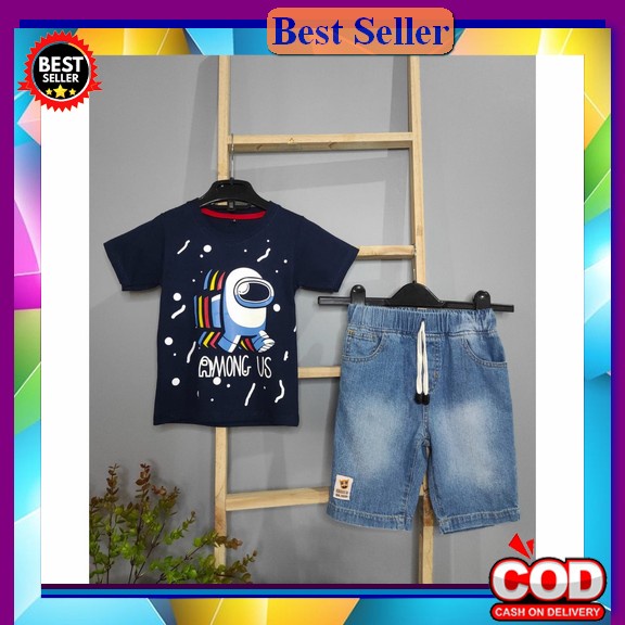 Ready Stock Set Squid Game Spazio Setelan Kaos Anak / Celana Jeans Pendek Anak Laki Laki Among Us