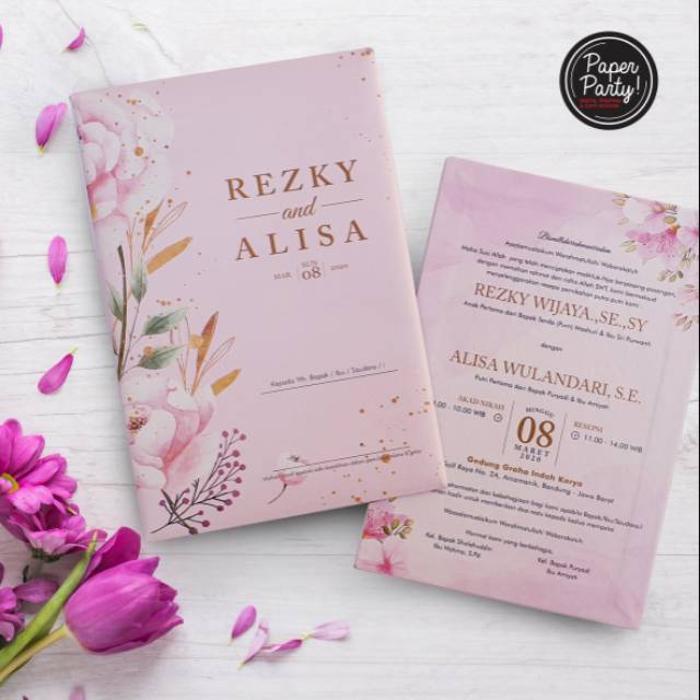 

Undangan pernikahan single hard karton + amplop tema soft pink flower