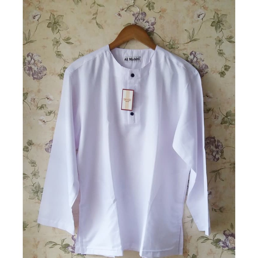 BAJU KOKO PUTIH POLOS TANPA KRAH KANCING HITAM AL MAHDI - Putih- M akk919
