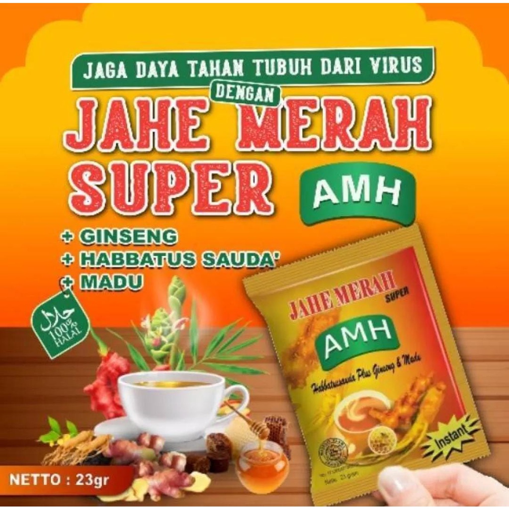 

Jahe Merah AMH Super Dengan Habbatussauda Plus Ginseng Serta Madu Kemasan Renceng