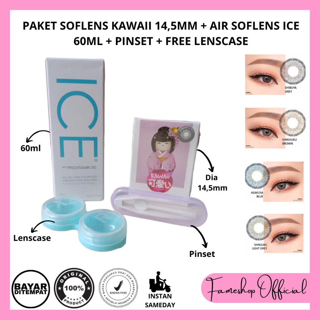 [ 4IN1] PAKET SOFTLENS KAWAII DIA 14,5MM + CAIRAN ICE 60ML + PINSET + LENSCASE / COD INSTAN SAMEDAY / LENSA KONTAK / PAKET MURAH