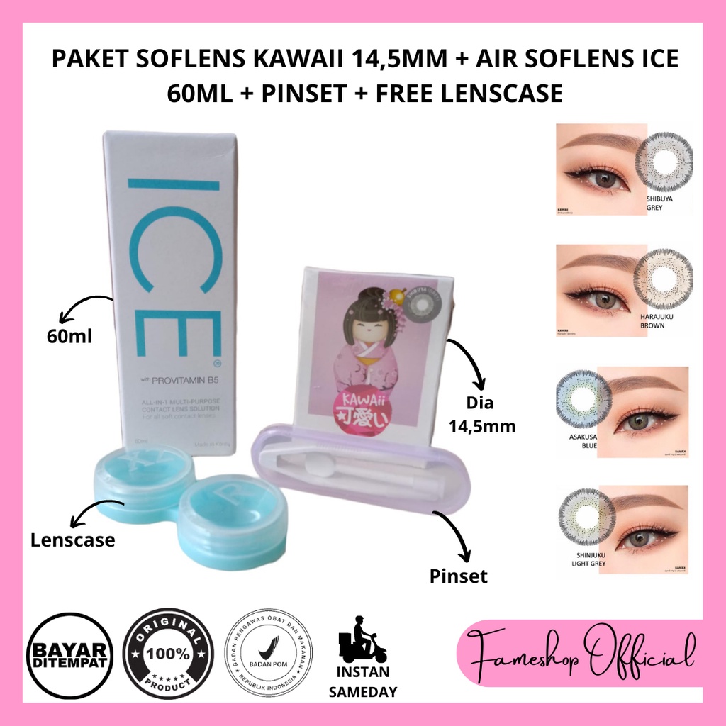 PAKET SOFTLENS KAWAII DIA 14,5MM + CAIRAN ICE 60ML + PINSET + LENSCASE / COD INSTAN SAMEDAY / LENSA KONTAK / PAKET MURAH