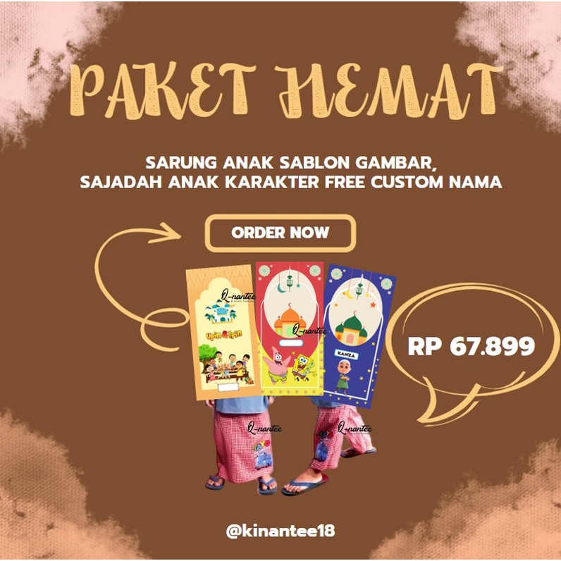 Q-NANTEE PAKET HEMAT SARUNG ANAK SABLON GAMBAR DAN SAJADAH KARAKTER CUSTOM NAMA TERMURAH DISHOPEE