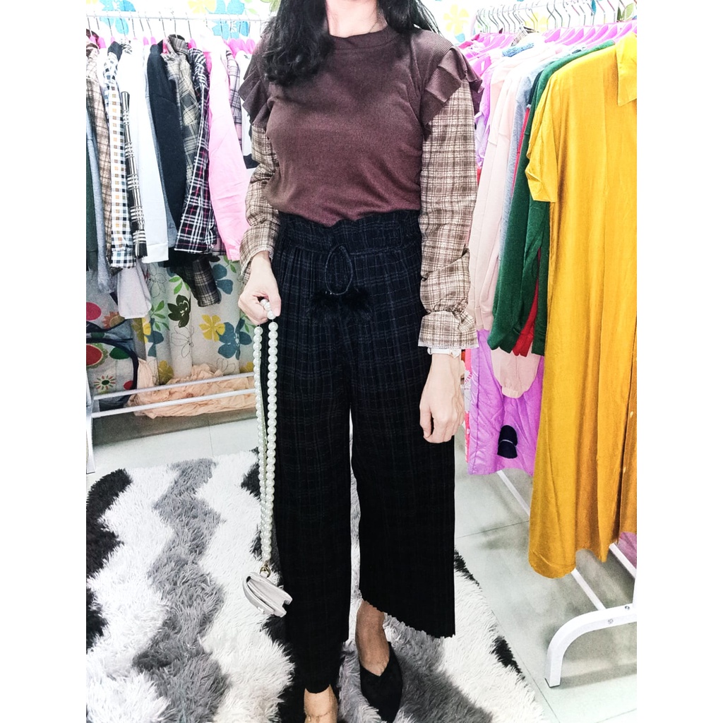 Mindy Ruffle Combine Top Wanita Korean Style - Blouse Lengan Baloon Ruffle Wanita- RIB