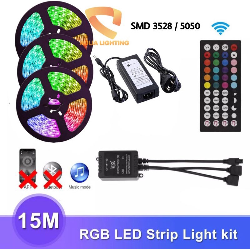 PAKET LAMPU LED STRIP RGB SMD 5050 3528 15M SENSOR SUARA MUSIC 15 METER MUSIK IR CONTROLLER WARNA WARNI 44KEYS BESAR HIAS KAMAR AESTETIC TEMPEL CEWEK COWOK PLAFON