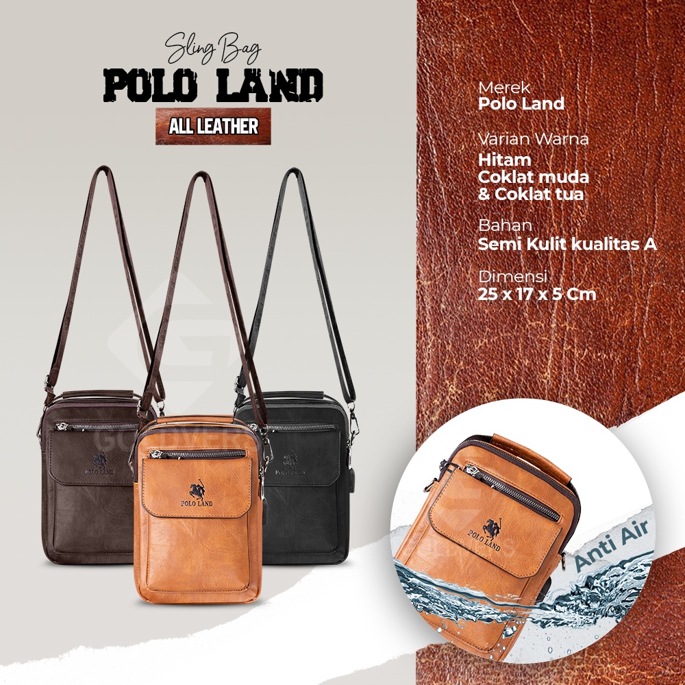 Tas Selempang Pria Kulit Slempang Pria Slingbag Cowok POLO LAND MULTIFUNGSI + FREE KABEL USB - Distributor