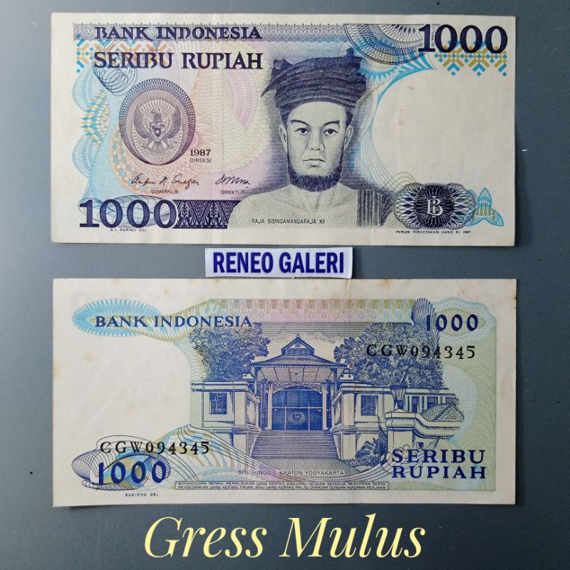GRESS Mulus Asli 1000 Rupiah tahun 1987 Raja Sisingamangaraja uang Rp 1.000 kertas kuno duit jadul lawas Lama Original Indonesia seribu