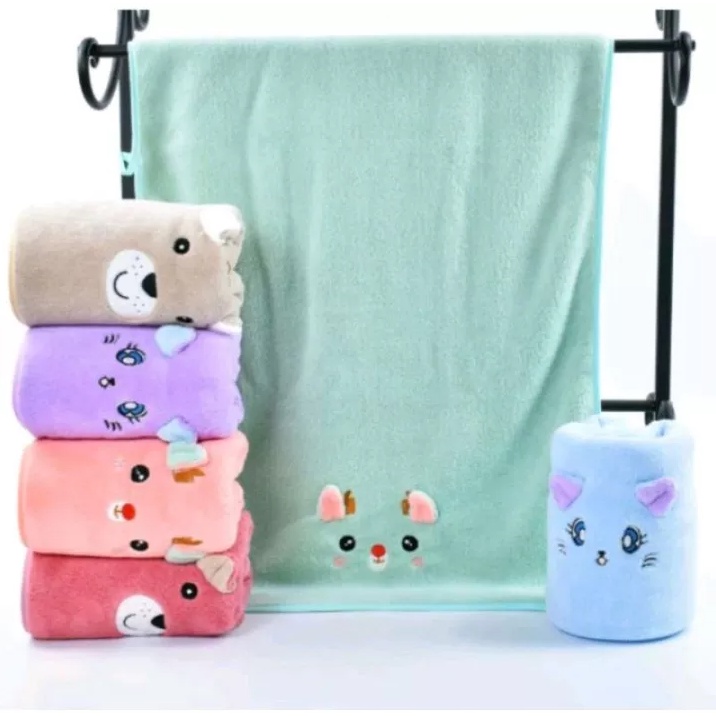 Handuk Mandi Anak / Bayi Microfiber Kuping Timbul Motif Shiba Lembut 50x100cm Daya Serap Tinggi