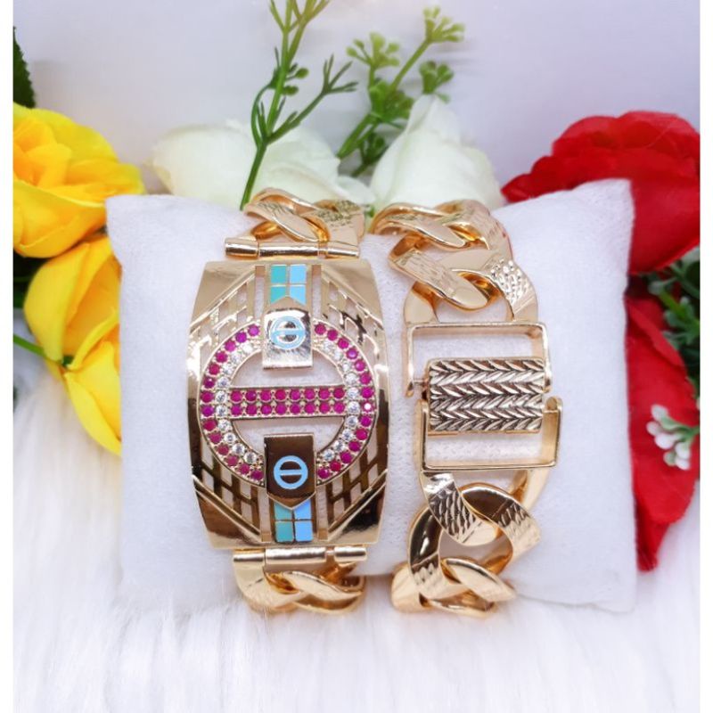 Gelang xuping lapis emas 24k rante besar dengan plat permata swaroski .