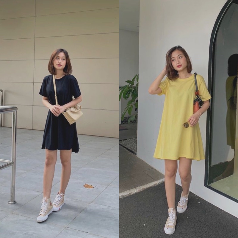 Mini Dres Korean Daisy Dress Wanita Homewear Herbest Basic Dress Cotton Combed 30S Plain Tunik Midi 