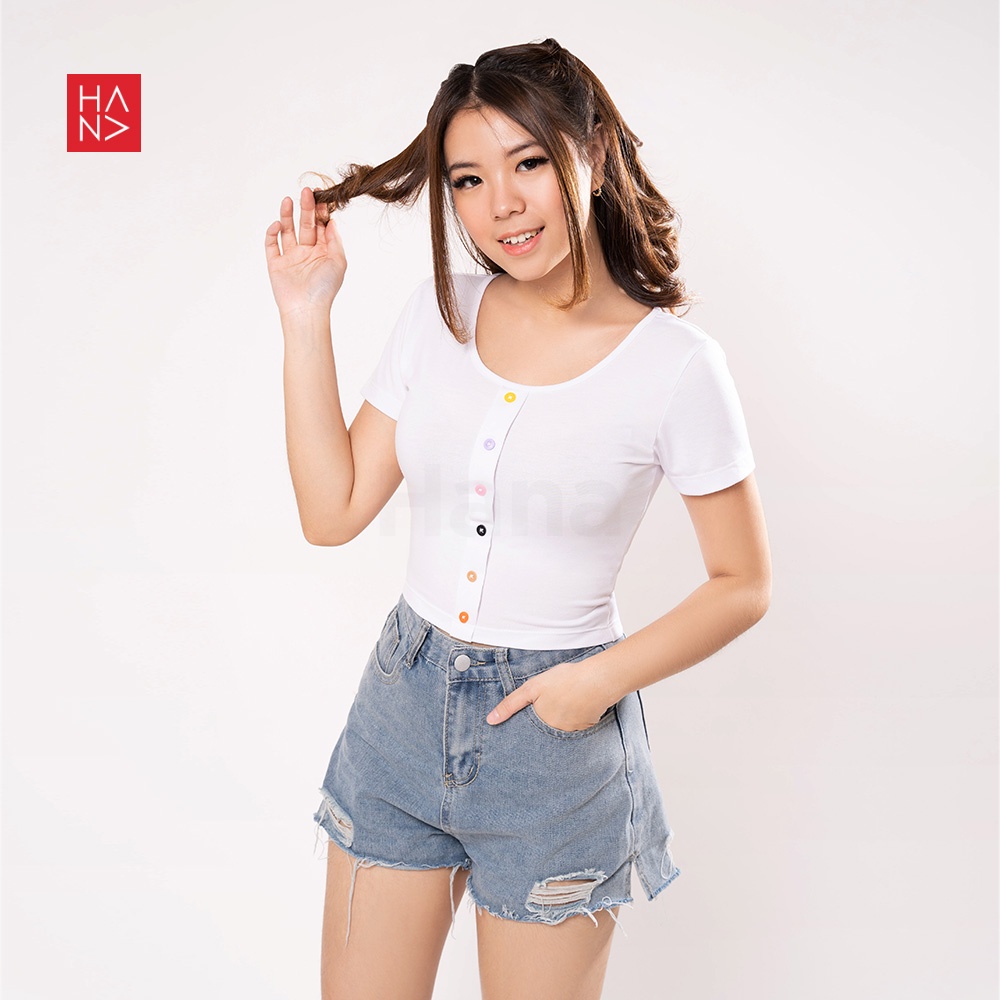 HanaFashion JKT - Lisa T-Shirt Colorful Button Kaos Wanita Lengan Pendek Crop Top - TS194