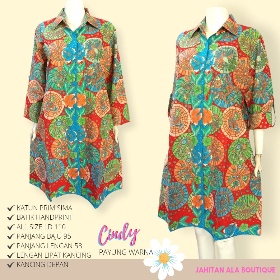 CINDY PAYUNG WARNA - Tunik Dress Batik Wanita Full Kancing Depan Bahan Katun