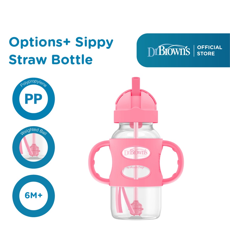 Dr Brown's Sippy Straw Bottle Pink 270ml | Botol Minum Pemberat Anak