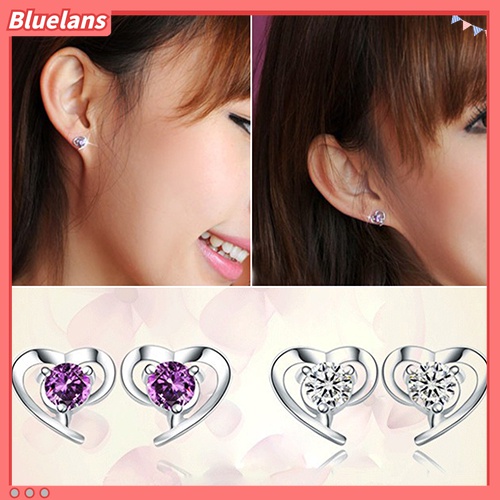 Anting Stud 925 Sterling Silver Bentuk Hati Kubik Zirkonia Untuk Wanita