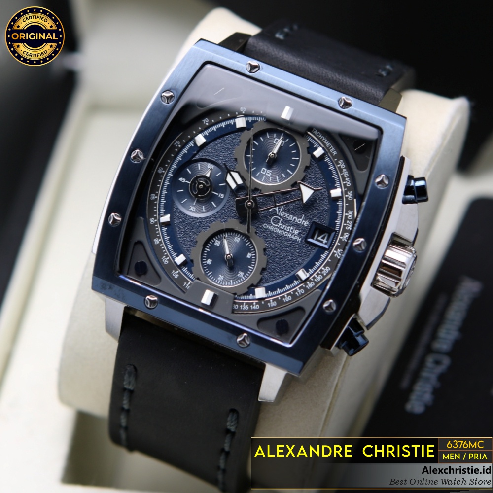 Jam Pria Alexandre Christie AC 6376 MC Chronograph Blue Silver Leather Black Original