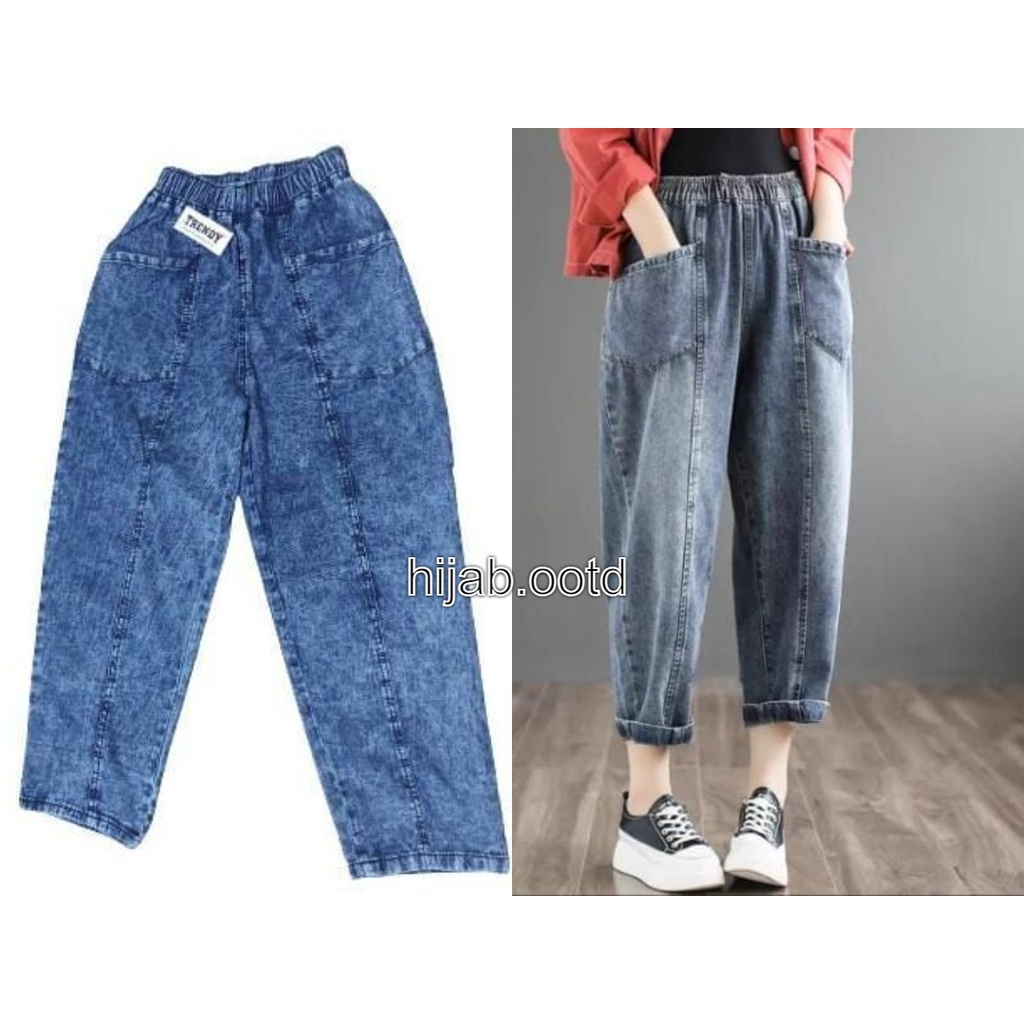 Lia Jeans Baggy Pants Snow Blue Celana Big Size Jumbo Wanita Korean Style Saku Depan Paspol Pinggang Karet