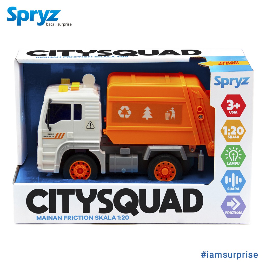 Mainan Truk Sampah 1:20 Spryz Citysquad dengan Mesin Friction, Lampu &amp; Suara