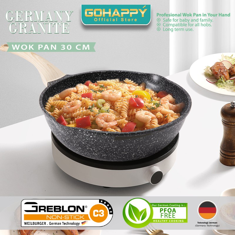 GERMANY GRANITE 30 CM WOK PAN Panci Besar Gohappy Greblon German GHG88 - Wajan Penggorengan