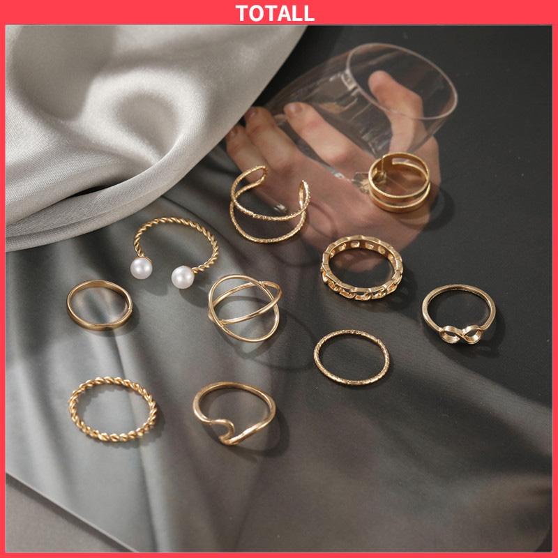 COD 10 Buah Set Wanita Kreatif Sederhana Manik-manik Ganda Cincin Gabungan Geometri Gelombang Mutiara-Totall