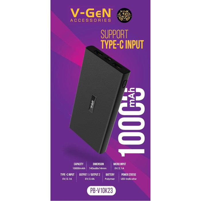 POWERBANK V-GEN V10K-23 10.000MAH LED 2 USB SUPPORT TYPE C