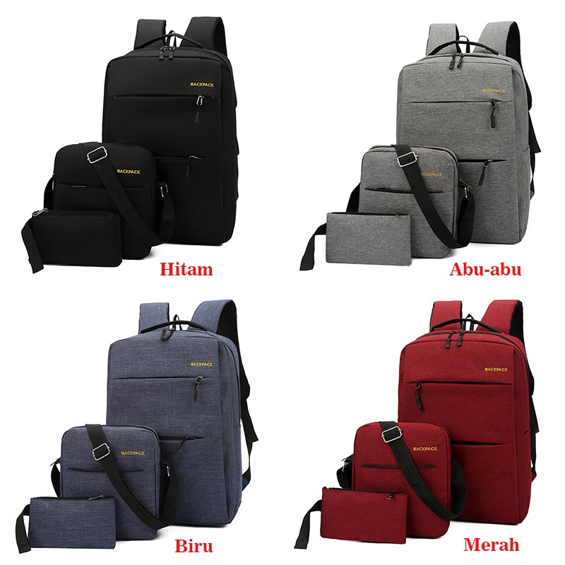 Tas Ransel Set 3 in 1 Pria Usb Charger Backpack Waterproof