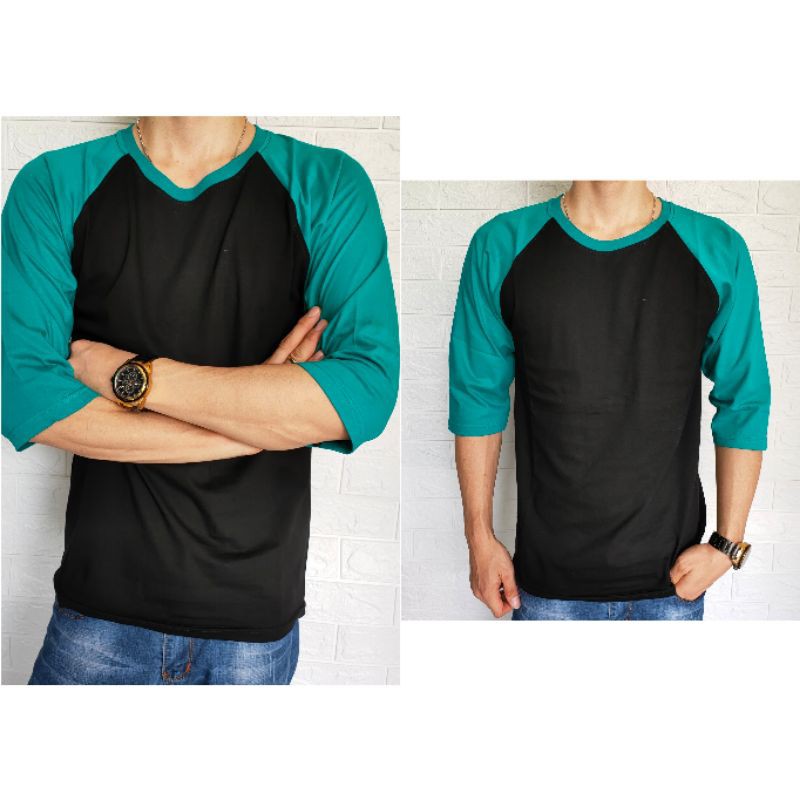 kaos reglan polos 3/4 HITAM-TOSCA dewasa uk m l xl xxl