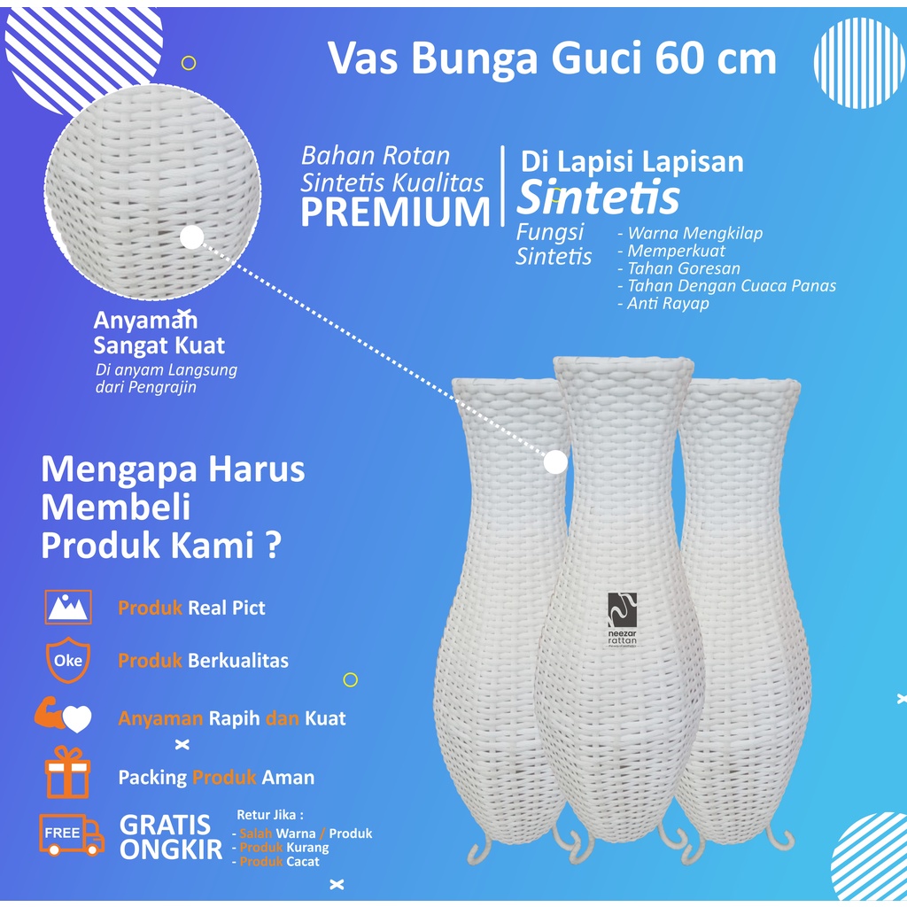 Vas Pot Guci Tempat Bunga dari rotan SINTETIS Tinggi 60 cm