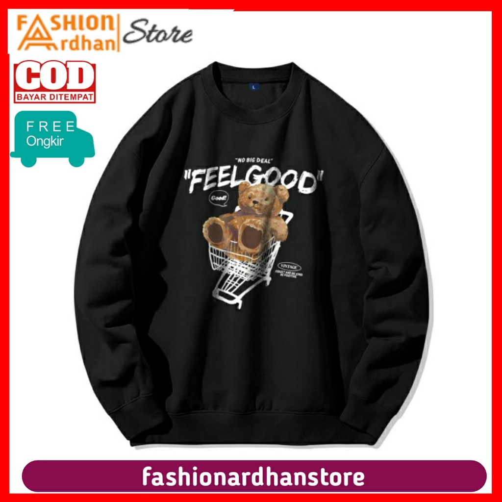 Sweater Crewneck Hitam Bear Trolly Distro Pria Wanita Switer Cn Cowo Cewe Sweeter Creunek Animasi Be