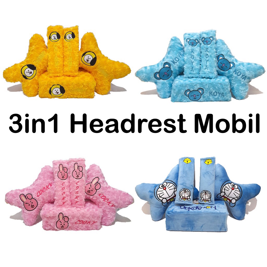 BT21 Carset 3in1 Mobil Headrest Sarung tisu seatbelt Bulu