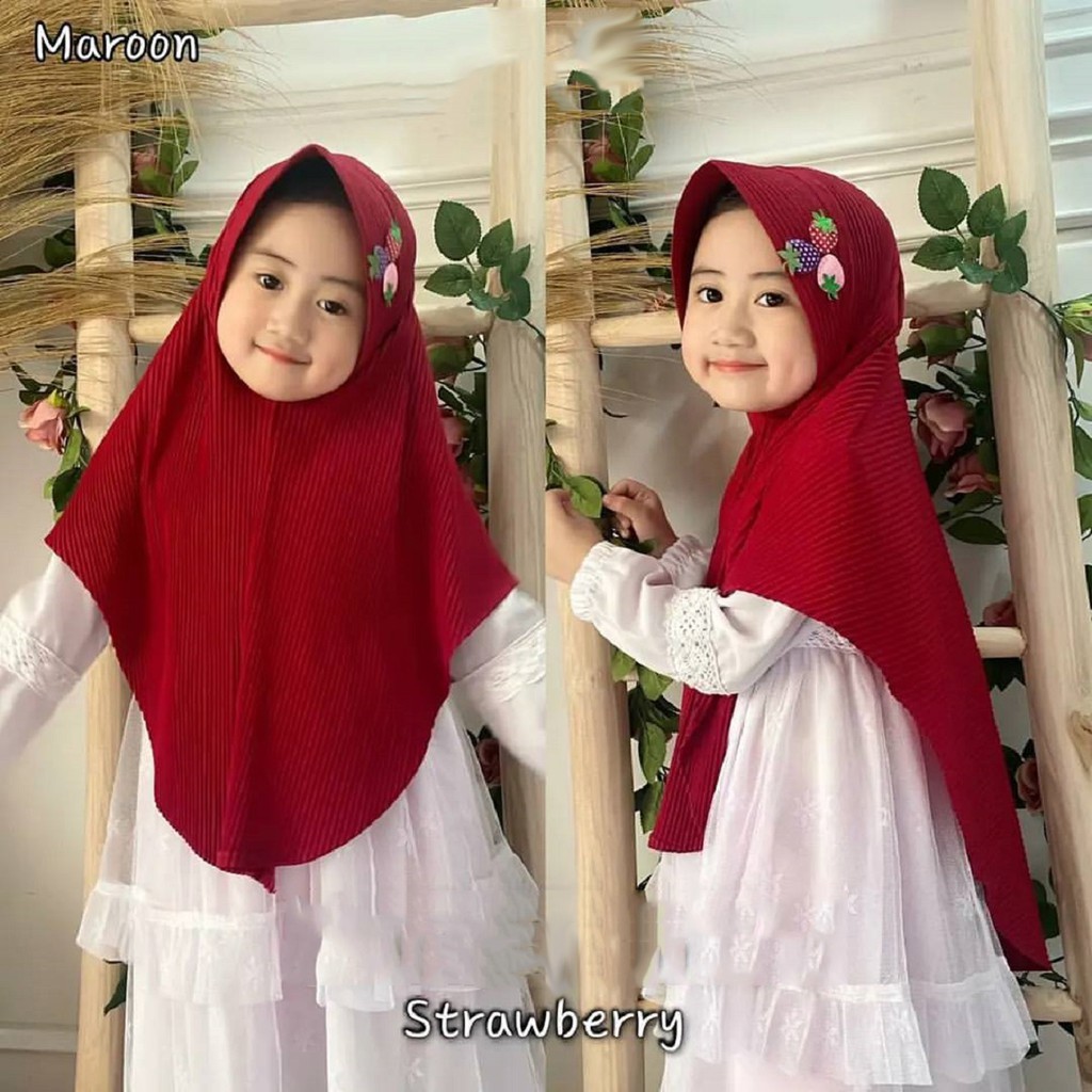 Kerudung Anak Plisket Murah Naqita Kids Strawberry Lucu Bagus Murah / Syria Plisket Anak / Bergo Pli
