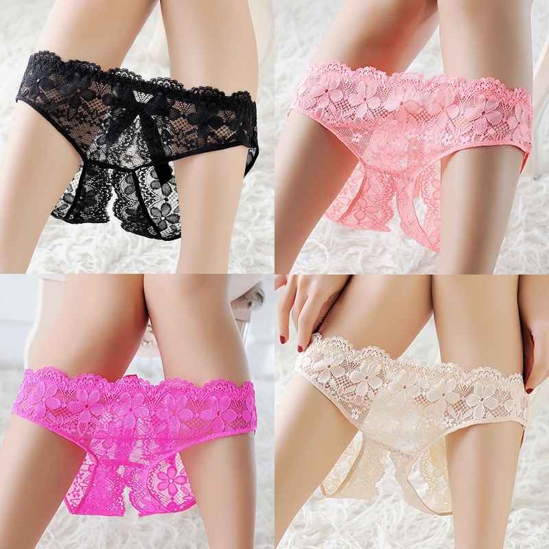 (Bayar di Tempat) Wanita Celana Dalam Sexy Open Crotch Low Waist Lace Transparan Lingerie Thongs C150-1