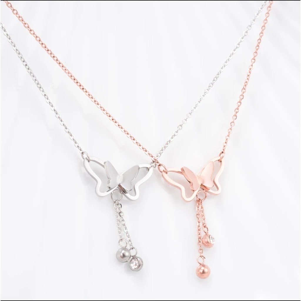 Kalung Titanium Aksen Kupu - Kupu Dengan Pesona Crystal Rumbai Warna RoseGold, Gold, dan Silver