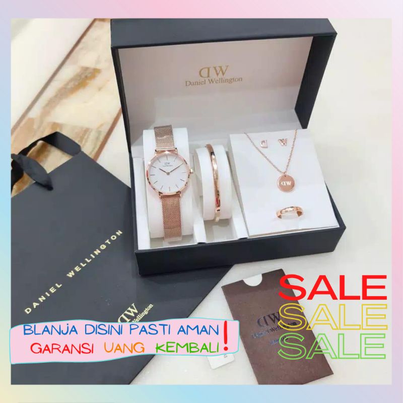 Kado Hampers Jam Tangan Wanita WD/DW Tali Rantai Pasir Gelang Anting Kalung Cincin Box Ori Paper Bag