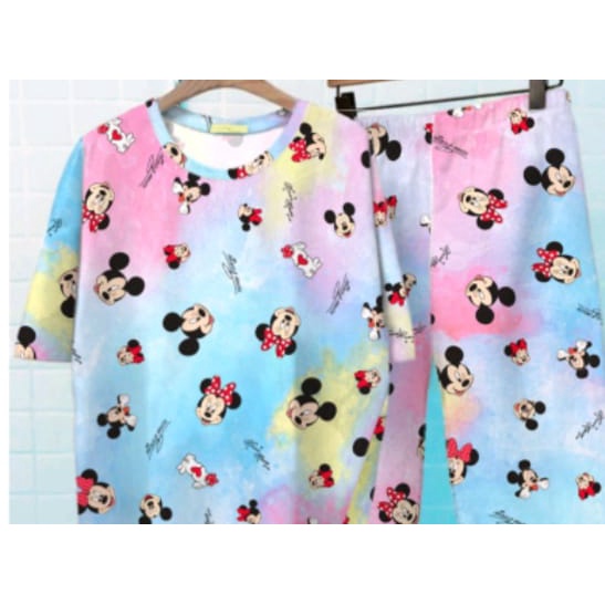 SET SETELAN WANITA LESTARI / ONESET BASIC TIE DYE / DAILYSET-set mickey pink