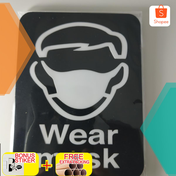

Laser cutting acrylic sign/tanda "WEAR MASK" 01 - Hitam 9.5cm x 11.5cm Keren
