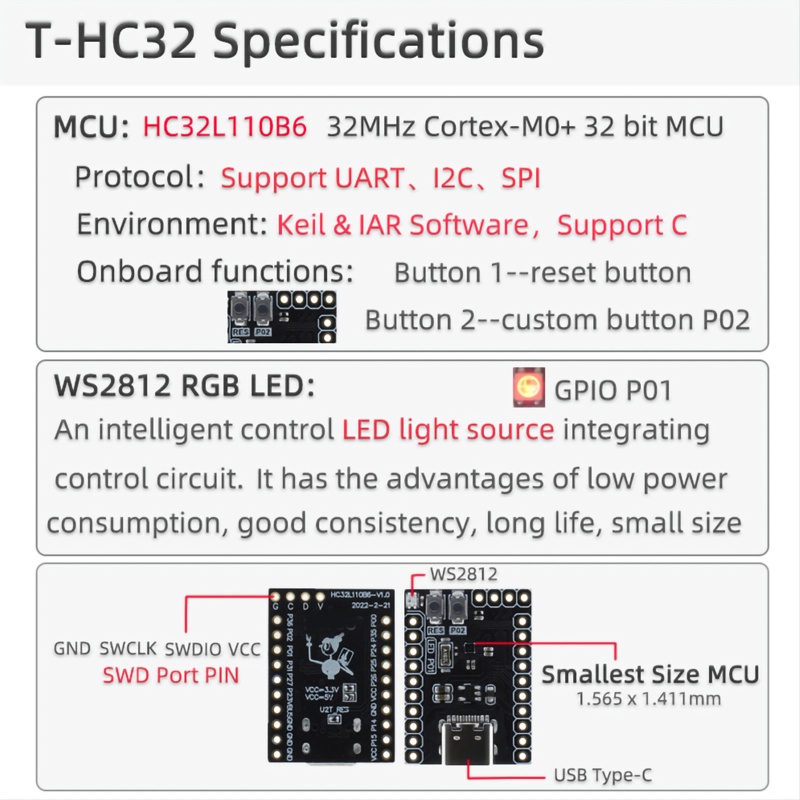 Btsg T-HC32 HC32L110B6 Ukuran Terkecil MCU Ultra-low Power Flexible Power Management WS2812 Untuk KeilIAR Software Support C