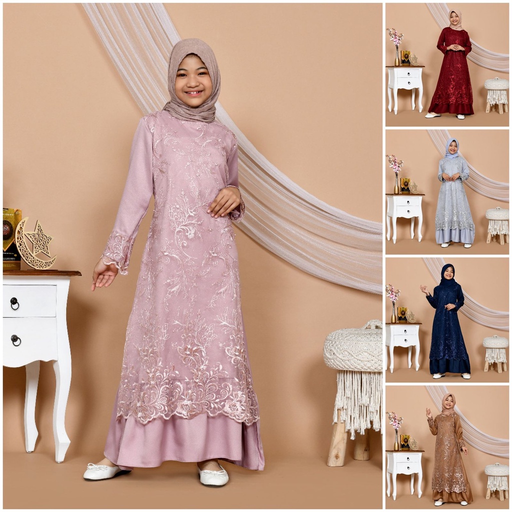 ASYA Baju Gamis Anak Perempuan Tanggung Usia 9-12thn Lengan Panjang Dress Muslim Remaja Brokat Bordi