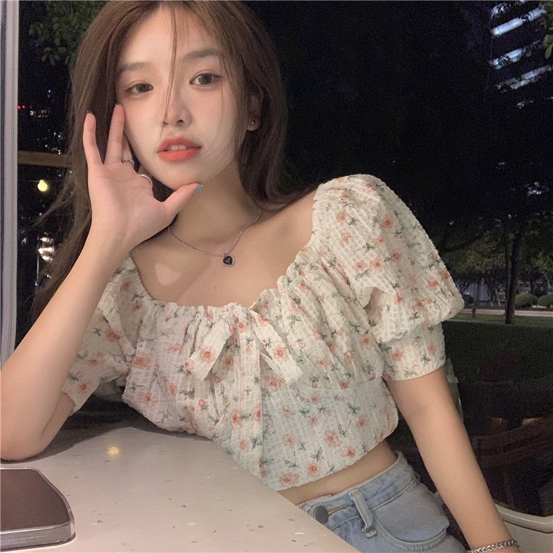 Suhao sangat peri super peri kemeja sifon lengan pendek satu bahu off-the-bahu atasan bunga aprikot