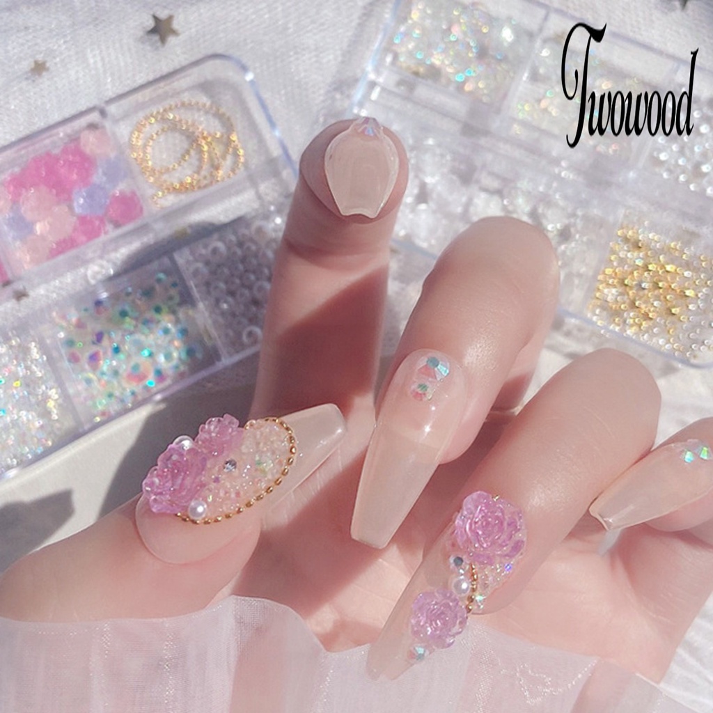 6 Grid / Kotak Aksesoris Kuku Bentuk Bunga Kamelia Warna Putih Mutiara Untuk Nail Art Wanita