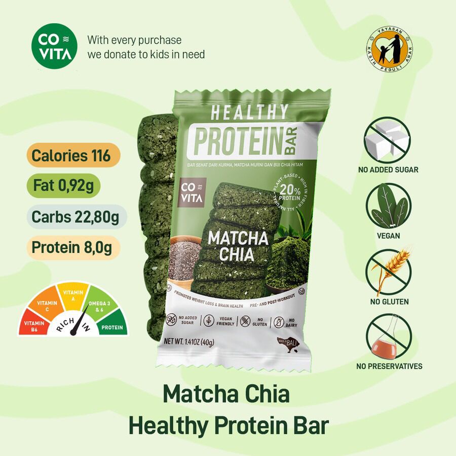 

Covita Healthy Protein Bar Matcha Chia - Cemilan Sehat 40g