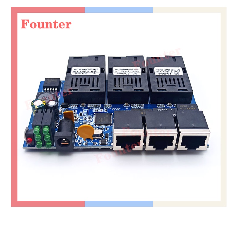 10/100Mbps PCBA Optic Media Converter 3 SC 3 RJ45 Singlemode Simplex Fiber Switch